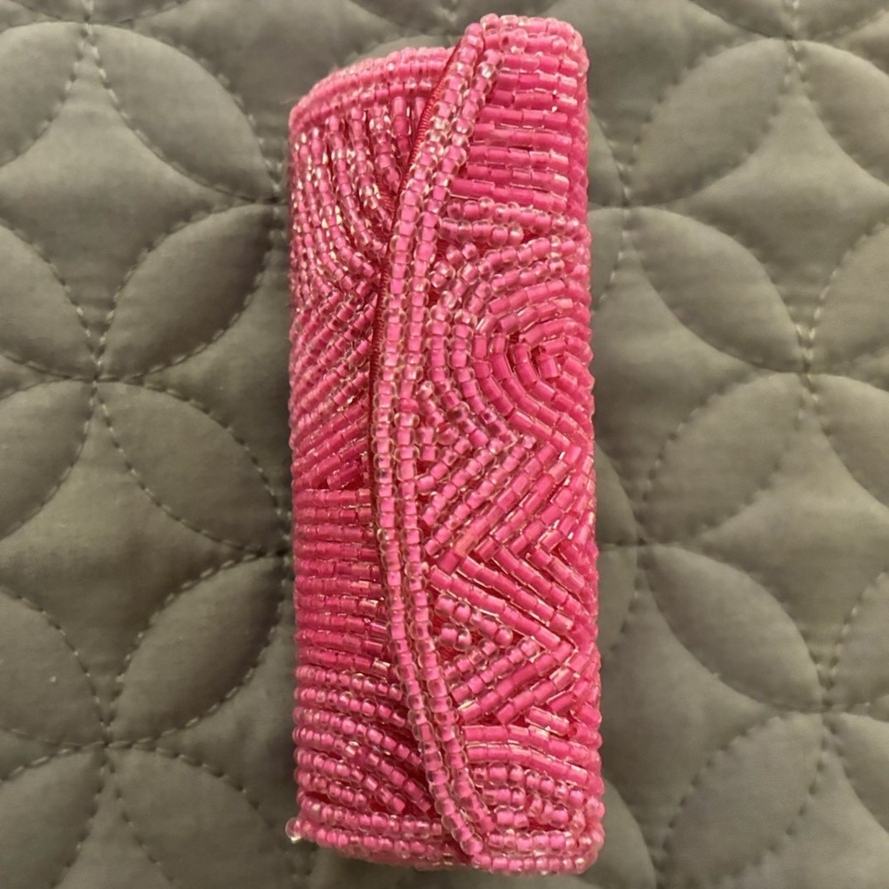 Vintage MK Signature Pink Beaded Lipstick Holder Case Clutch Snap Closure
